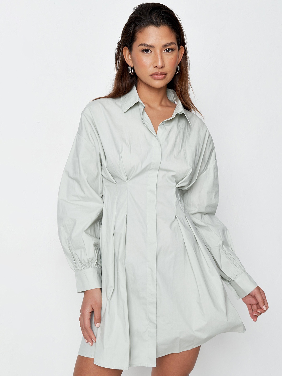 

Missguided Grey Cotton Pleated Puff Sleeves Shirt Dress