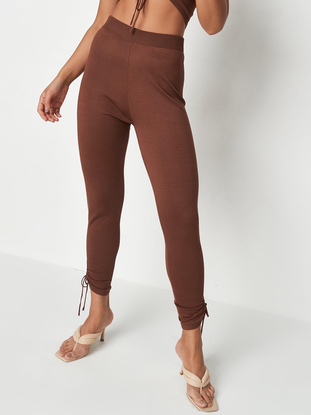

Missguided Women Coffee Brown Solid High-Rise Cropped Leggings with Tie-Up Detail
