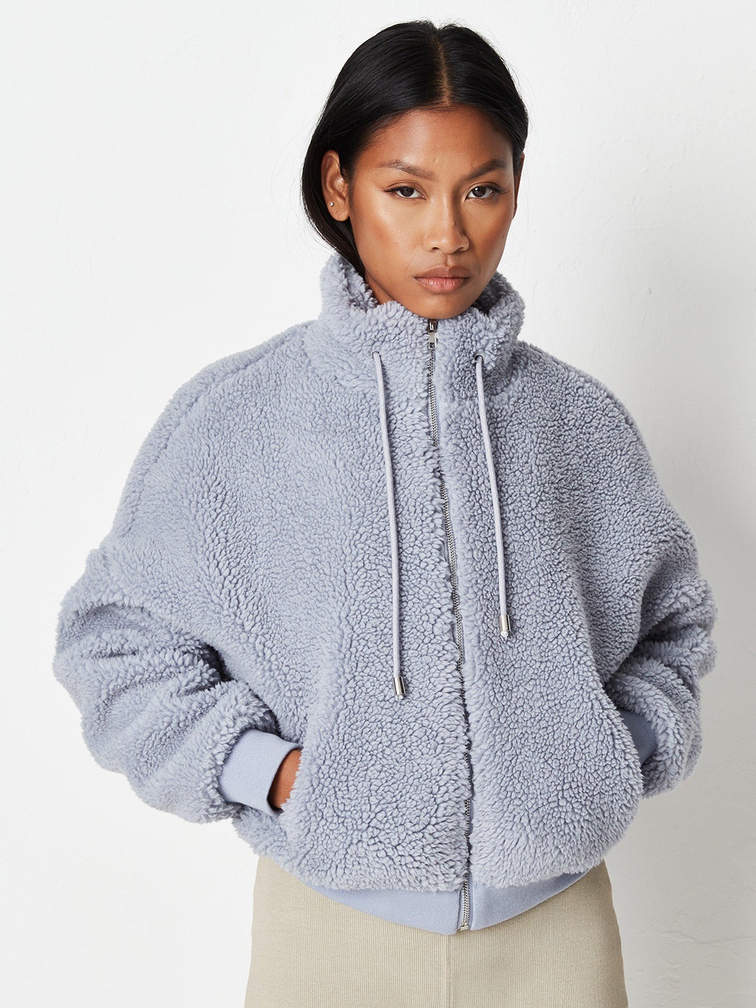 

Missguided Women Blue Solid Sherpa Bomber Jacket