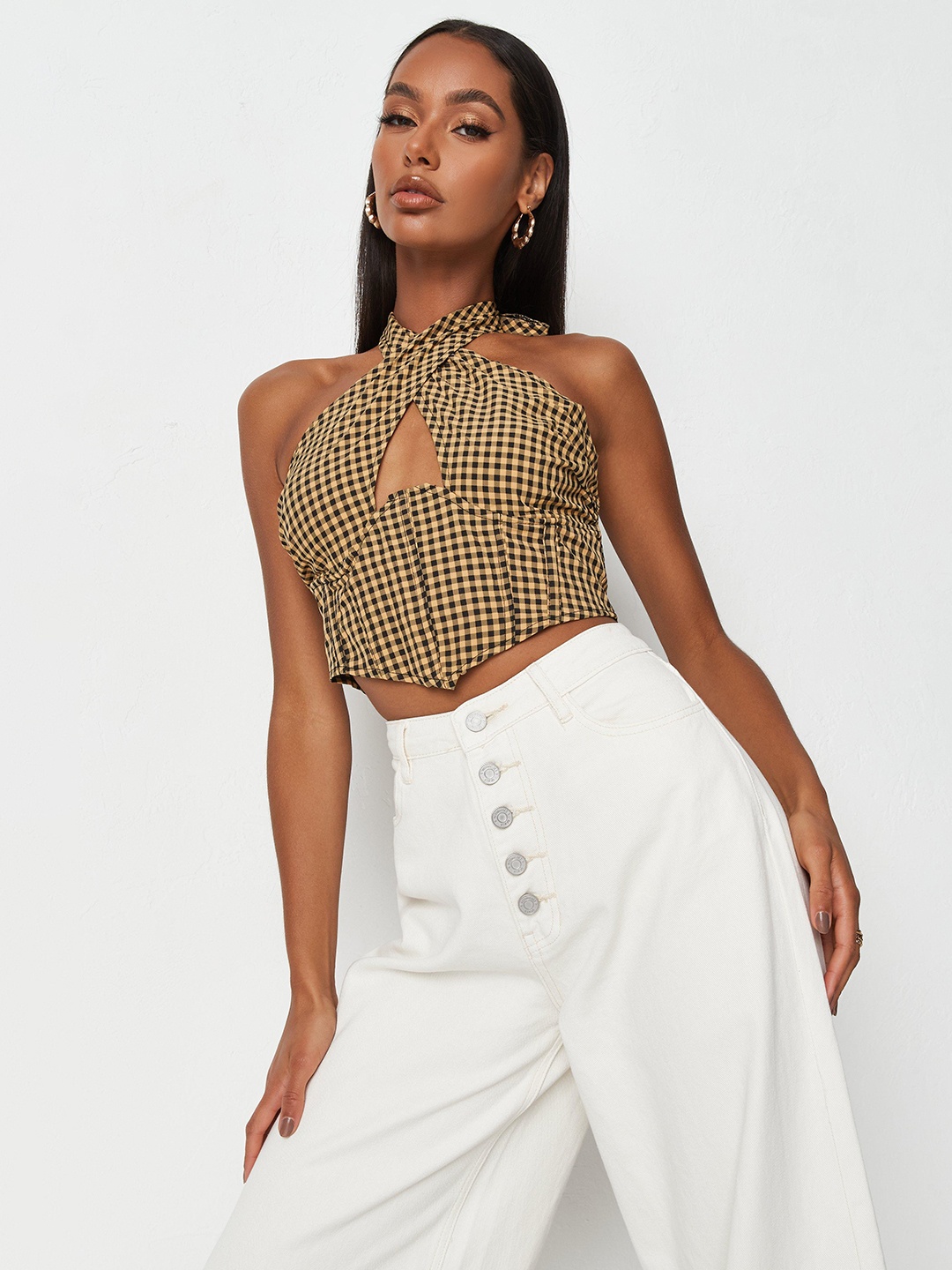 

Missguided Mustard Yellow & Black Checked Halter Neck Cut-Out Crop Fitted Corset Top