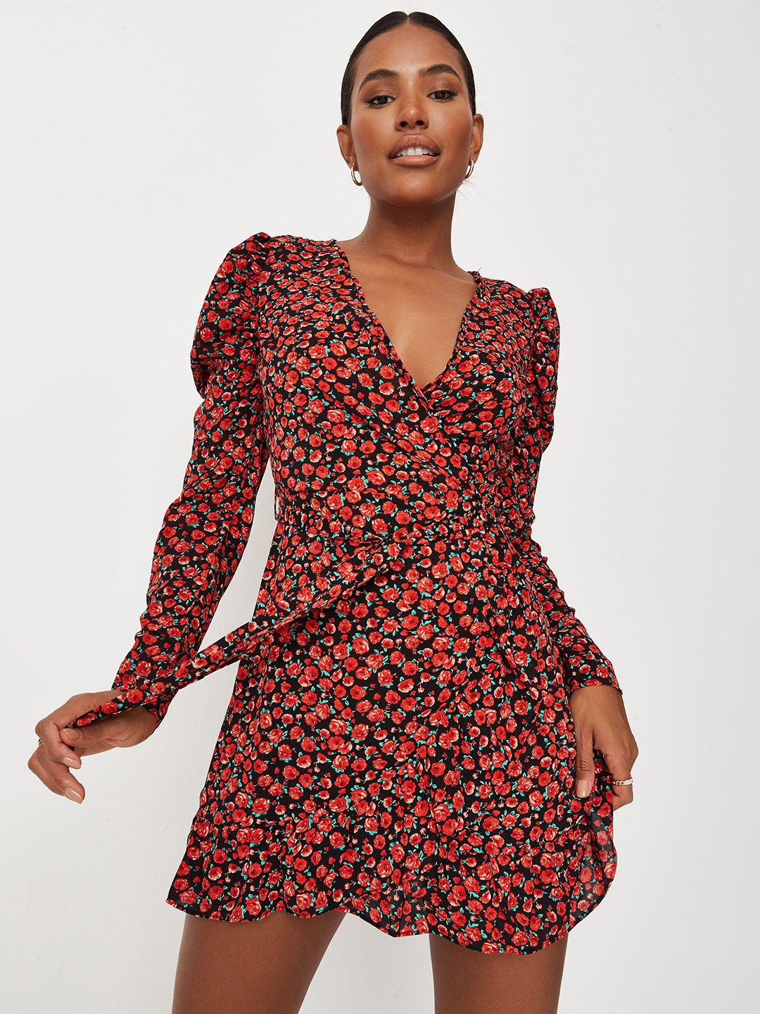 

Missguided Red & Black Floral Puff Sleeves Mini Wrap Dress with Belt