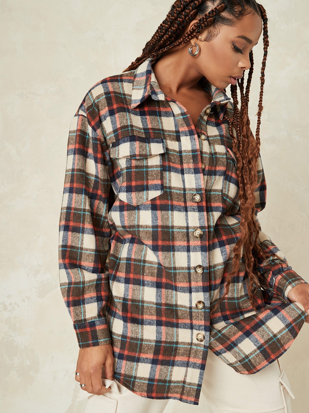 

Missguided Women Coffee Brown & Cream-Coloured Checked Longline Shacket