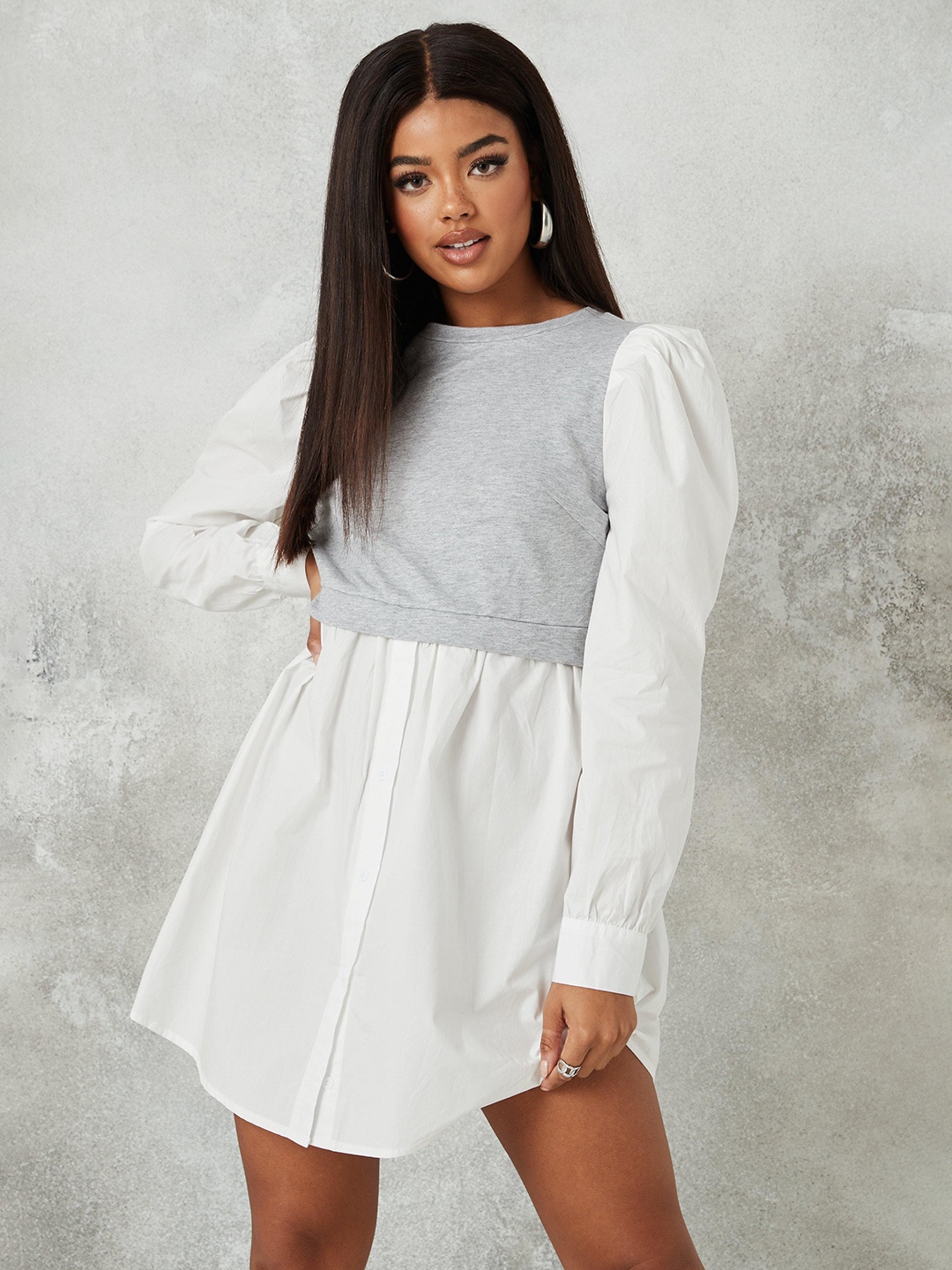 

Missguided Grey Melange & White Cotton Colourblocked Puff Sleeves A-Line Dress