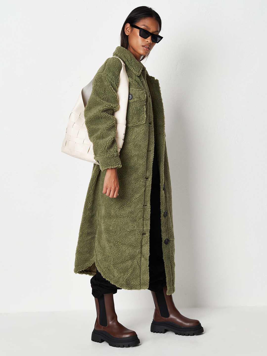 

Missguided Women Olive Green Solid Sherpa Longline Overcoat