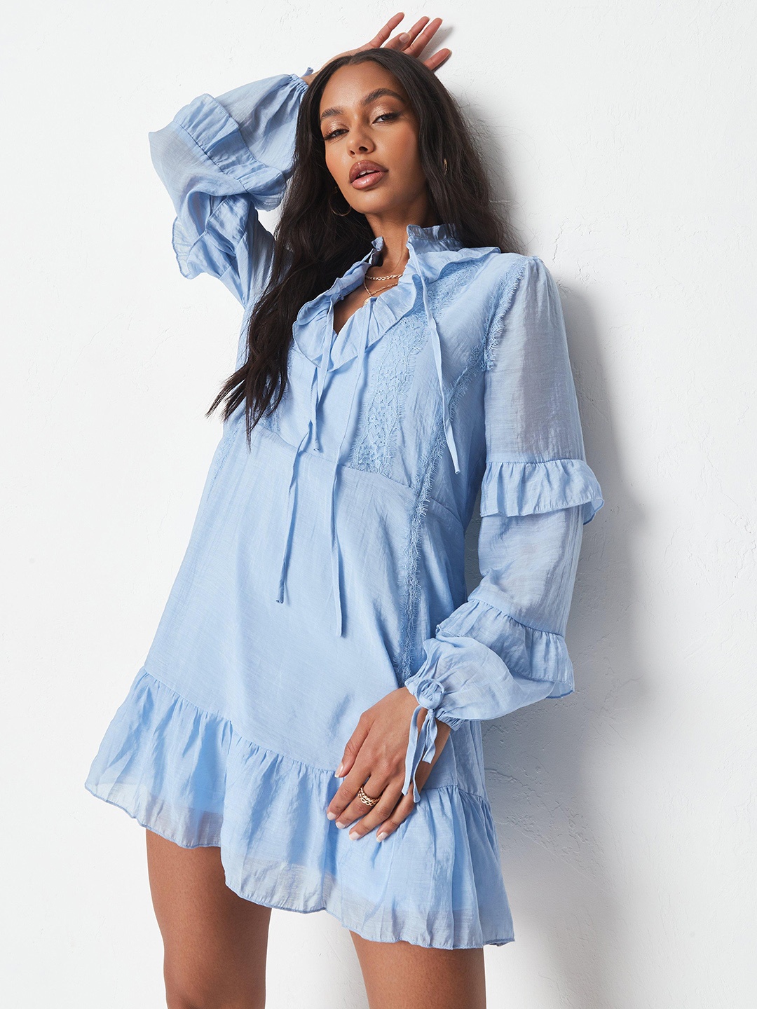 

Missguided Blue Solid Tie-Up Neck Lace Inserts Layered Mini Fit & Flare Dress