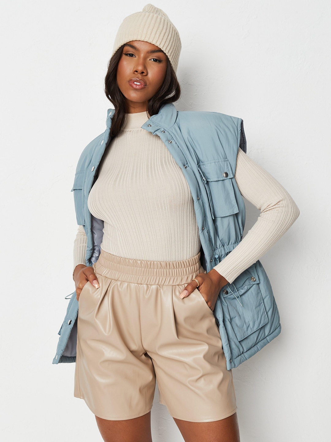 

Missguided Women Beige Solid Font-Pleated Regular Shorts with Glossy Finish