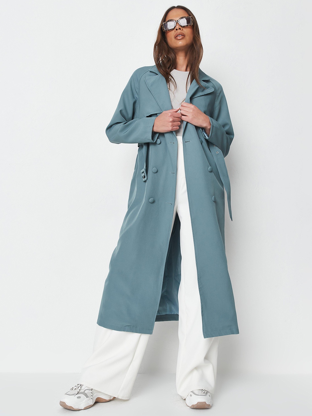

Missguided Teal Blue Solid Double Breasted Longline Trench Coat with Belt
