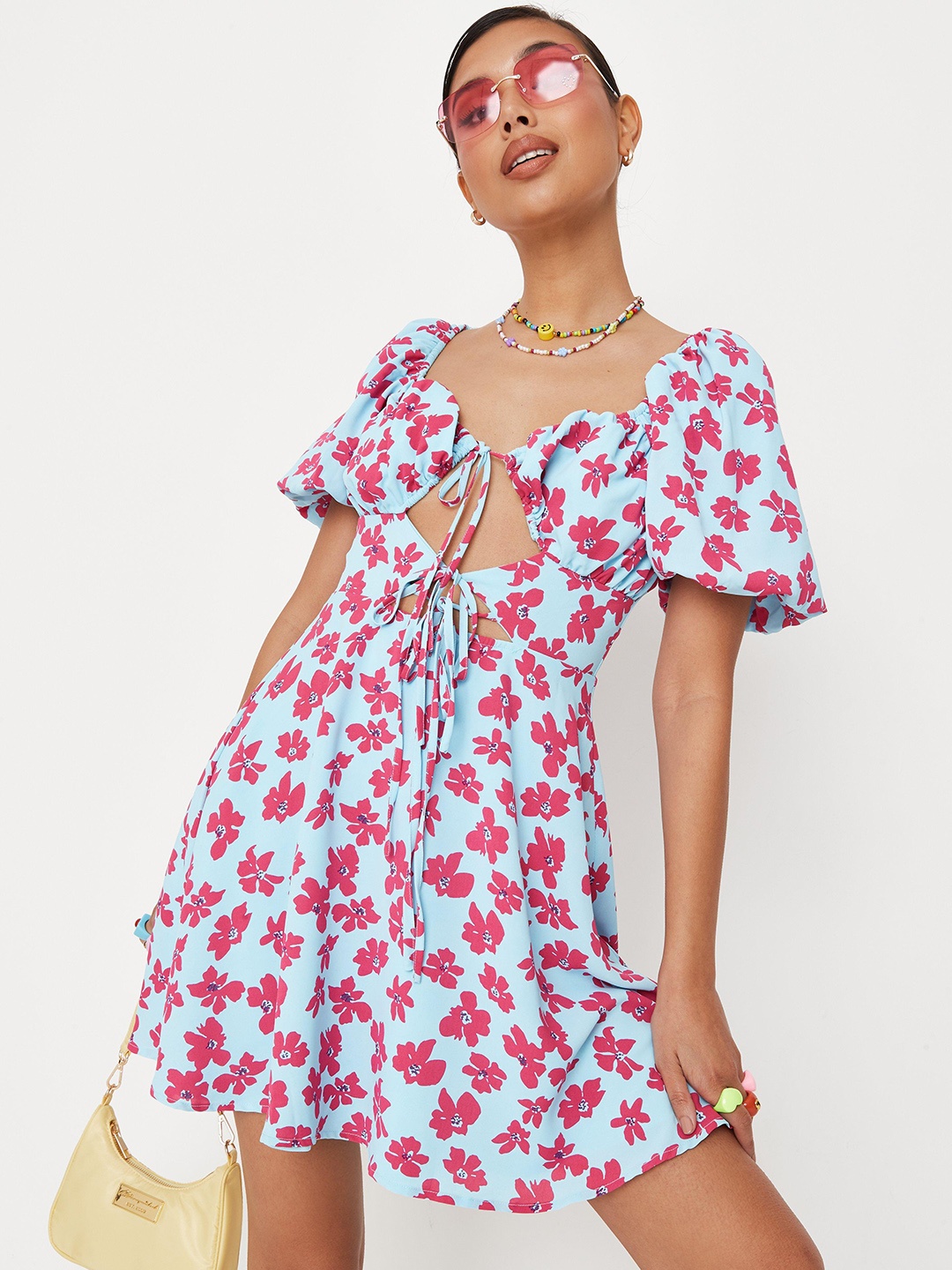 

Missguided Blue & Pink Floral Print Mini Fit & Flare Dress with Cut-Out & Tie-Ups