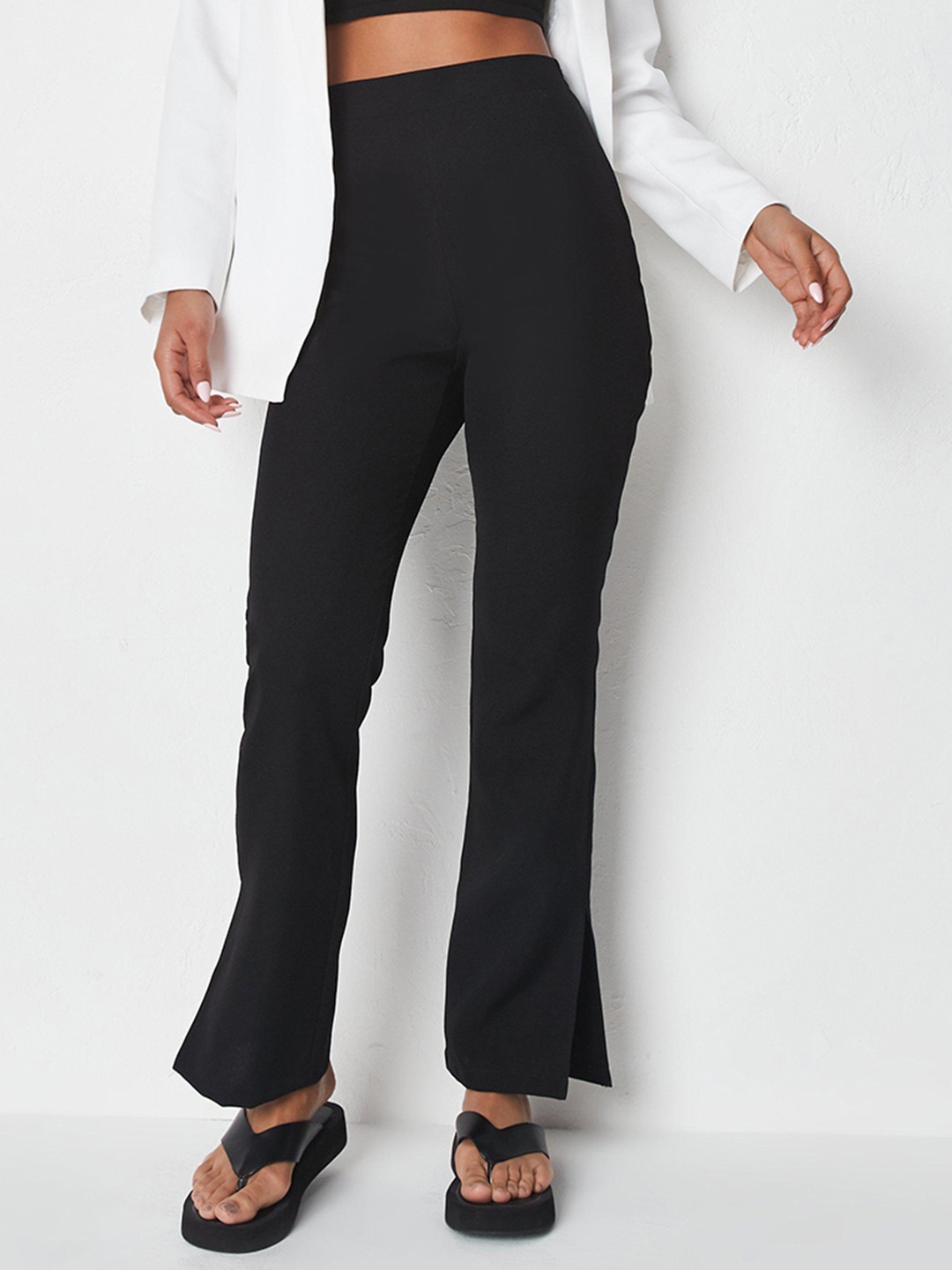 

Missguided Women Black Solid Slim-Fit Split Hem Parallel Trousers