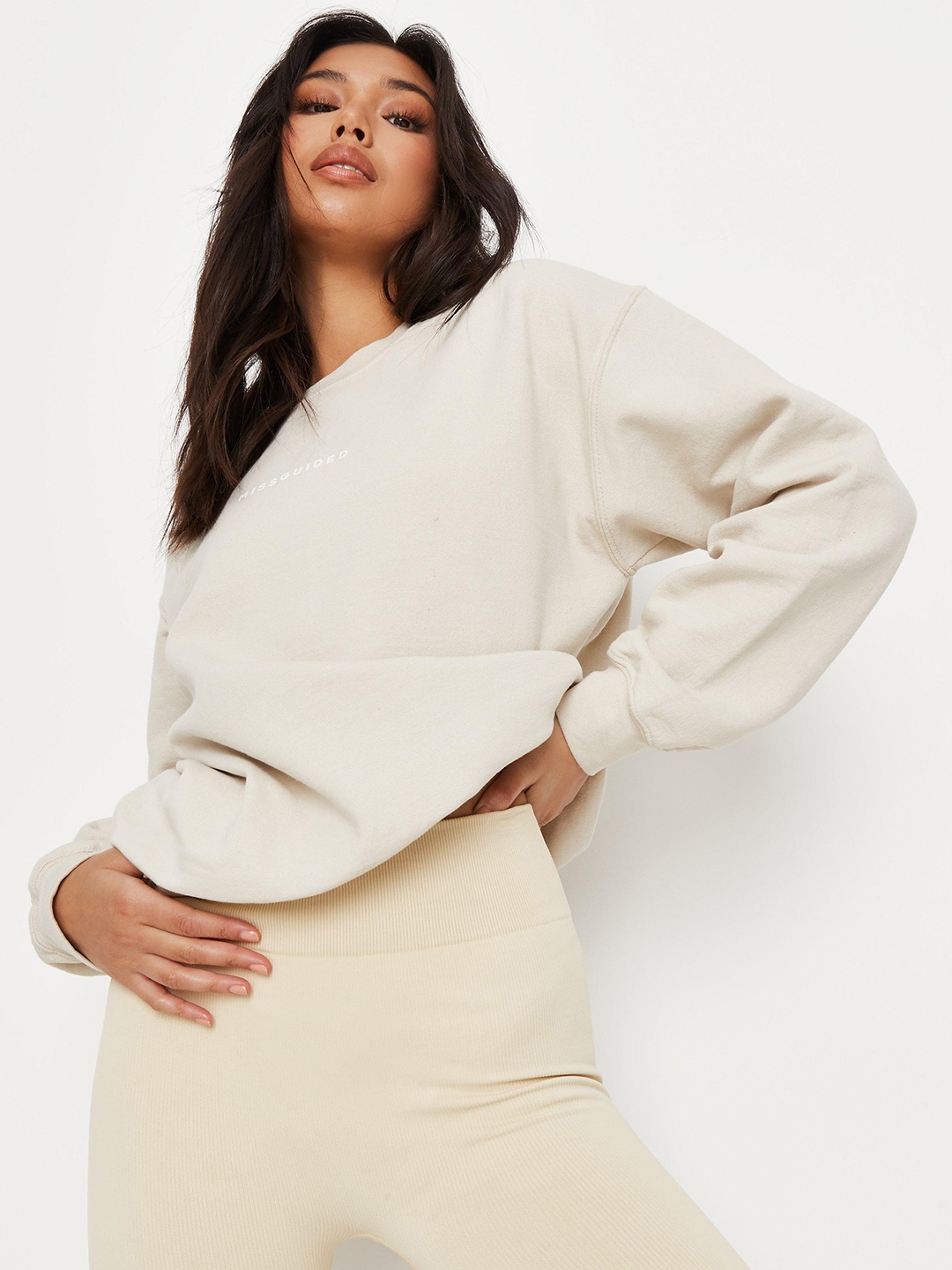 

Missguided Women Cream-Coloured Solid Sweatshirt with Printed Detail