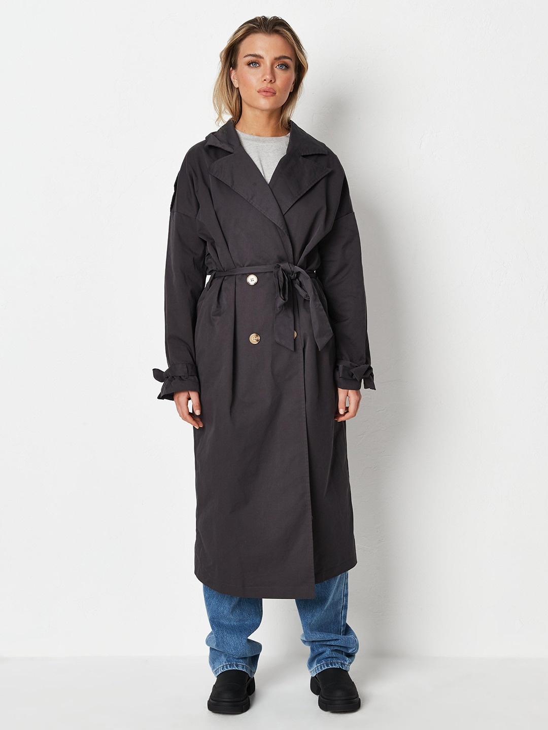 

Missguided Women Charcoal Grey Solid Pure Cotton Longline Trench Coat with Belt