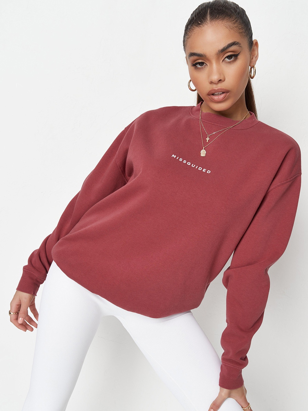 

Missguided Women Brick Red Solid Sweatshirt with Brand Logo Printed Detail
