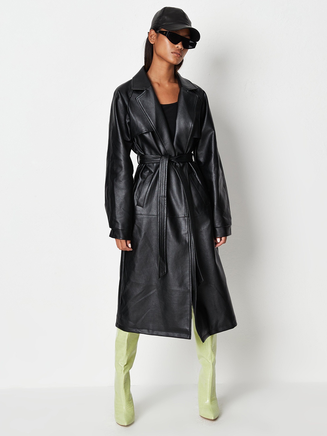 

Missguided Women Black Solid Longline Trench Coat with Belt