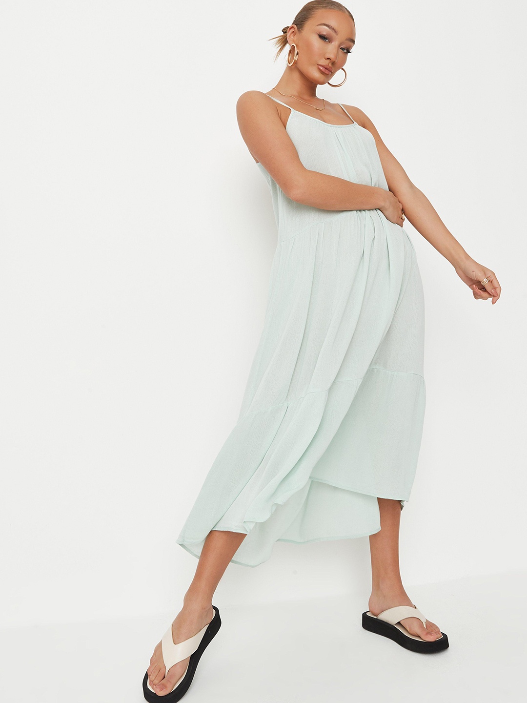 

Missguided Sea Green Solid Midi Tiered A-Line Dress