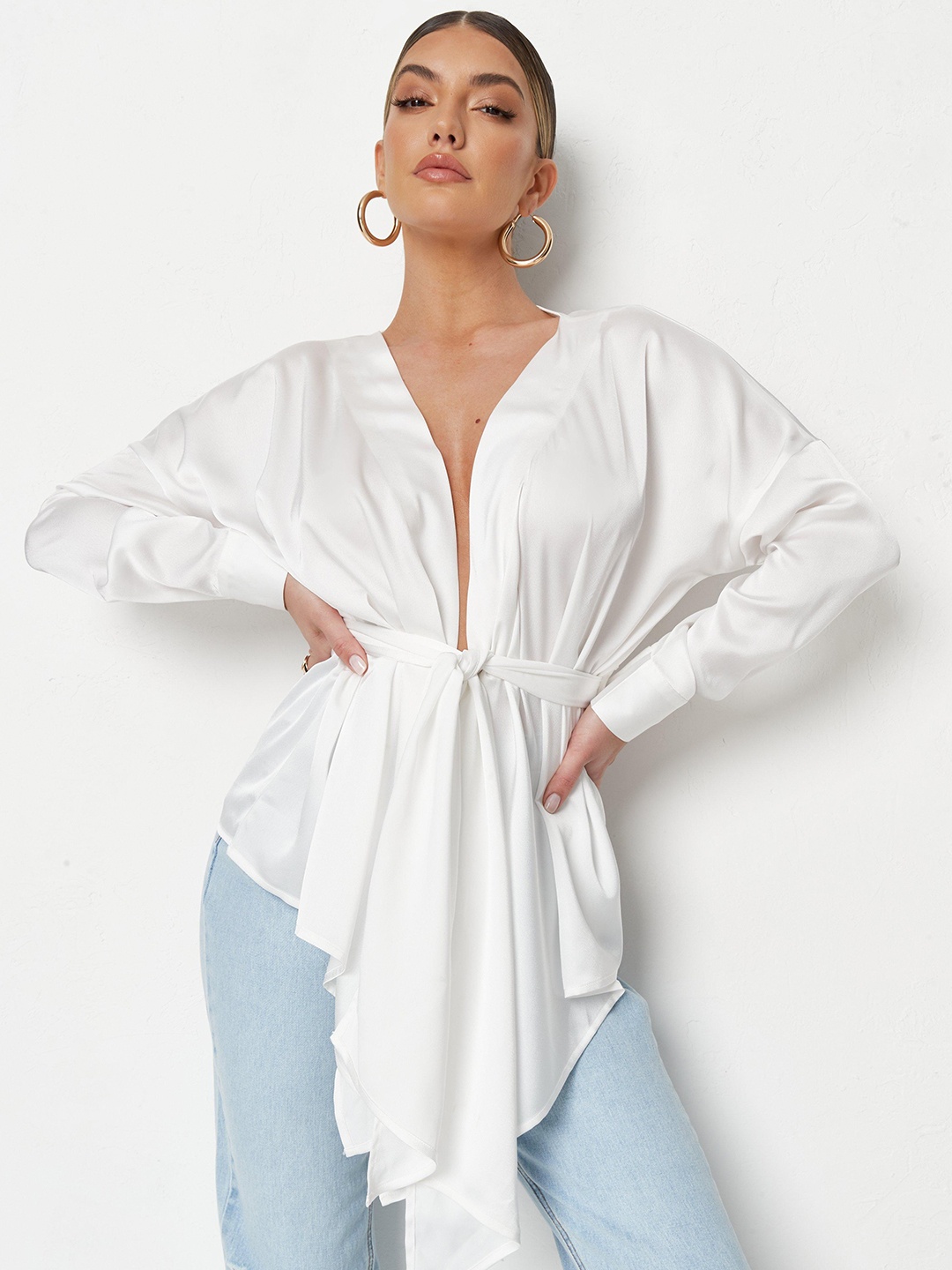 

Missguided White Solid Satin Finish Wrap Top with Belt