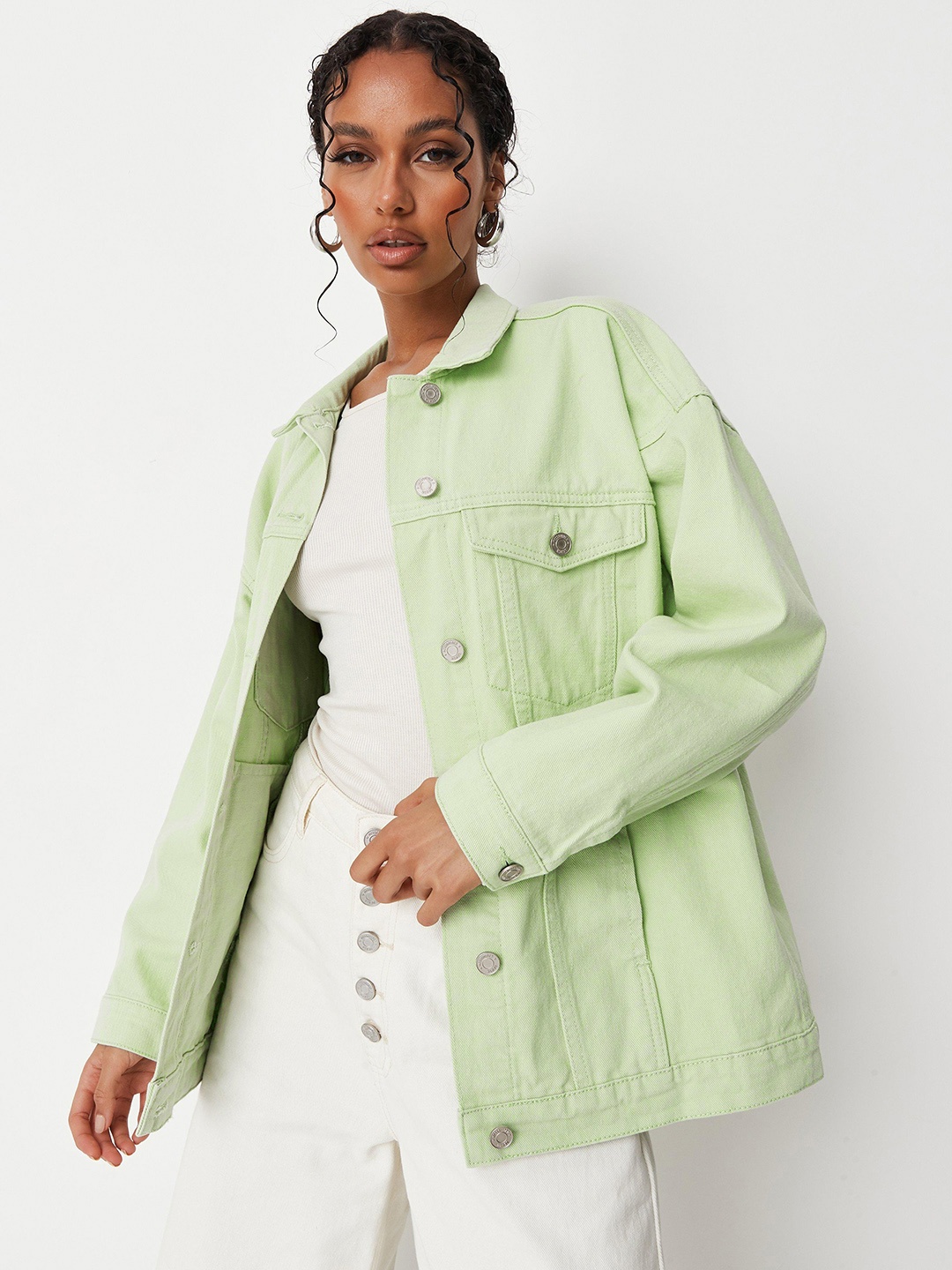 

Missguided Women Sea Green Solid Pure Cotton Longline Denim Jacket