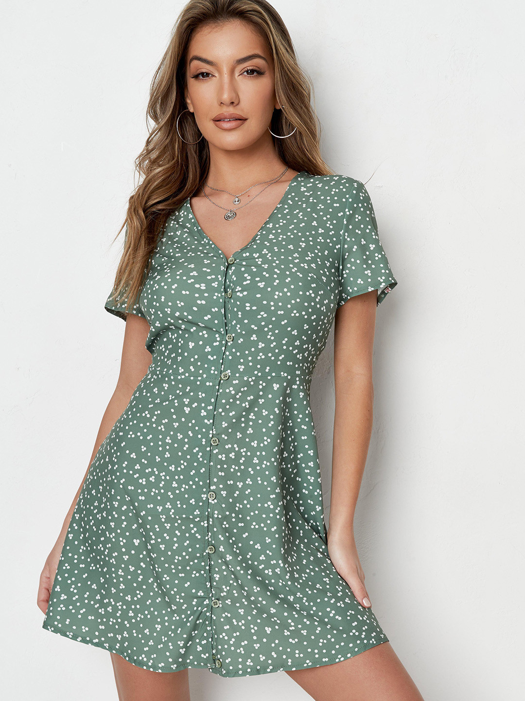 

Missguided Sage Green & White Printed Mini Fit & Flare Dress