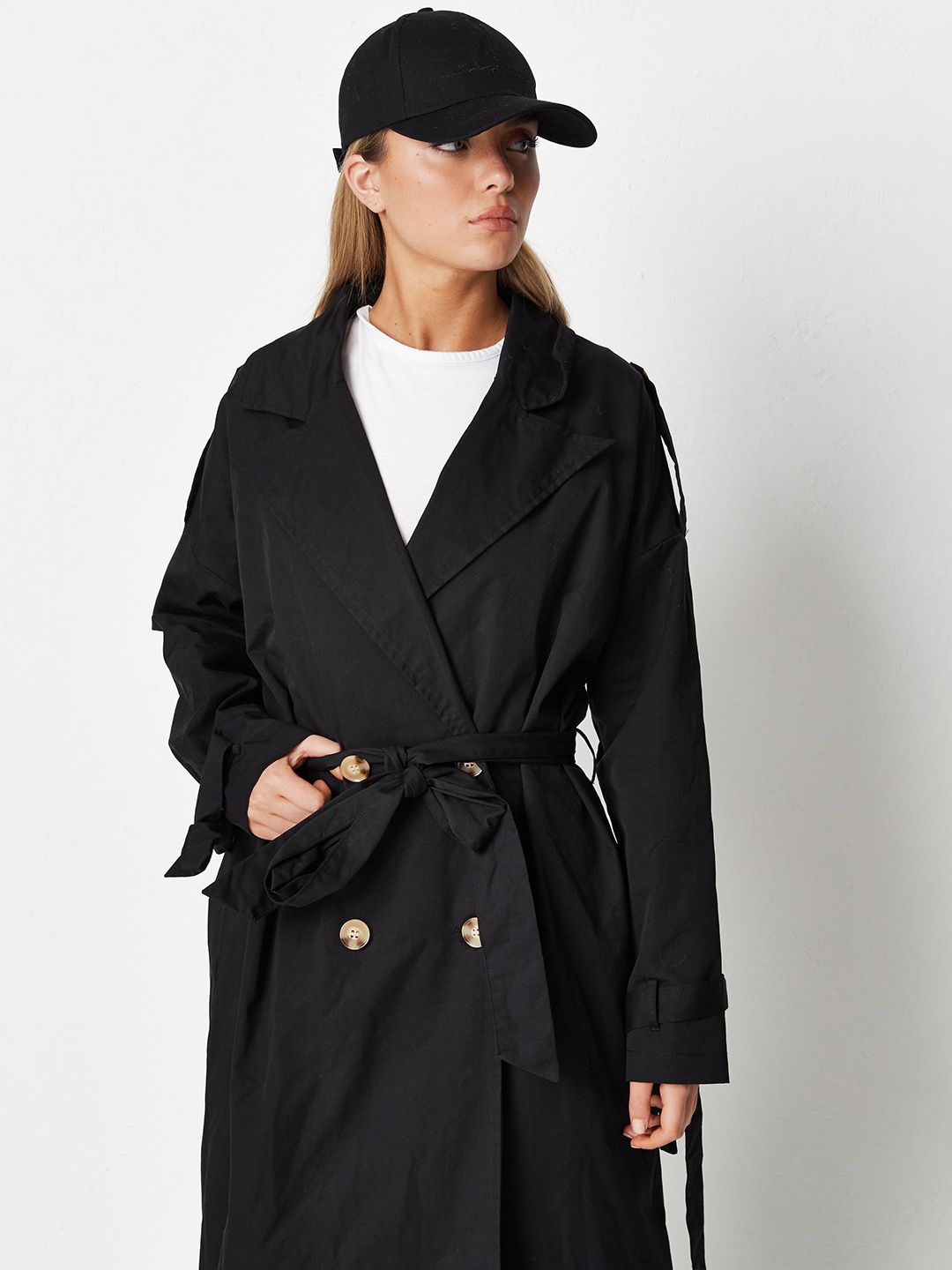 

Missguided Women Black Solid Pure Cotton Longline Trench Coat with Belt