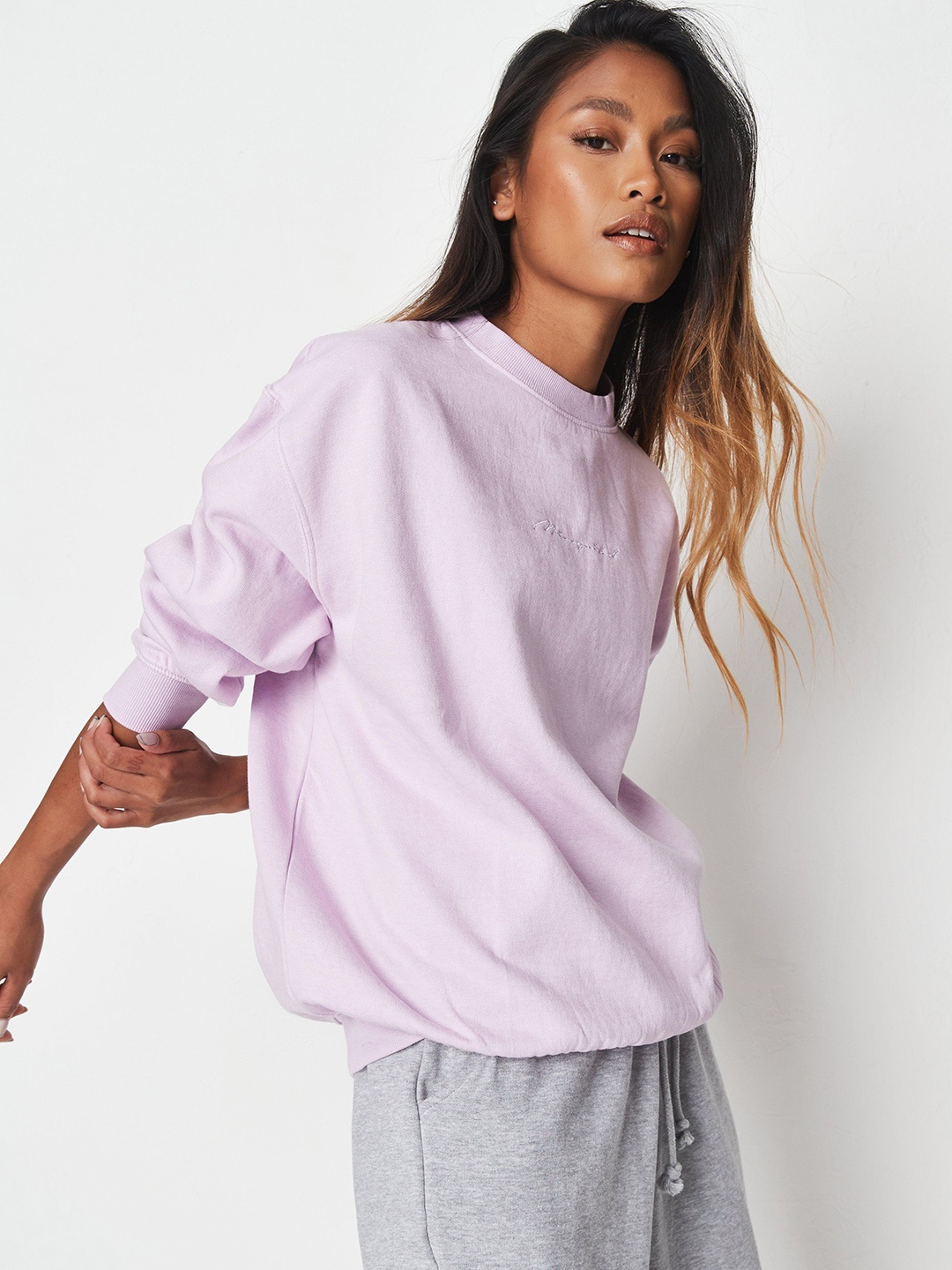 

Missguided Women Lavender Solid Sweatshirt with Embroidered Detail