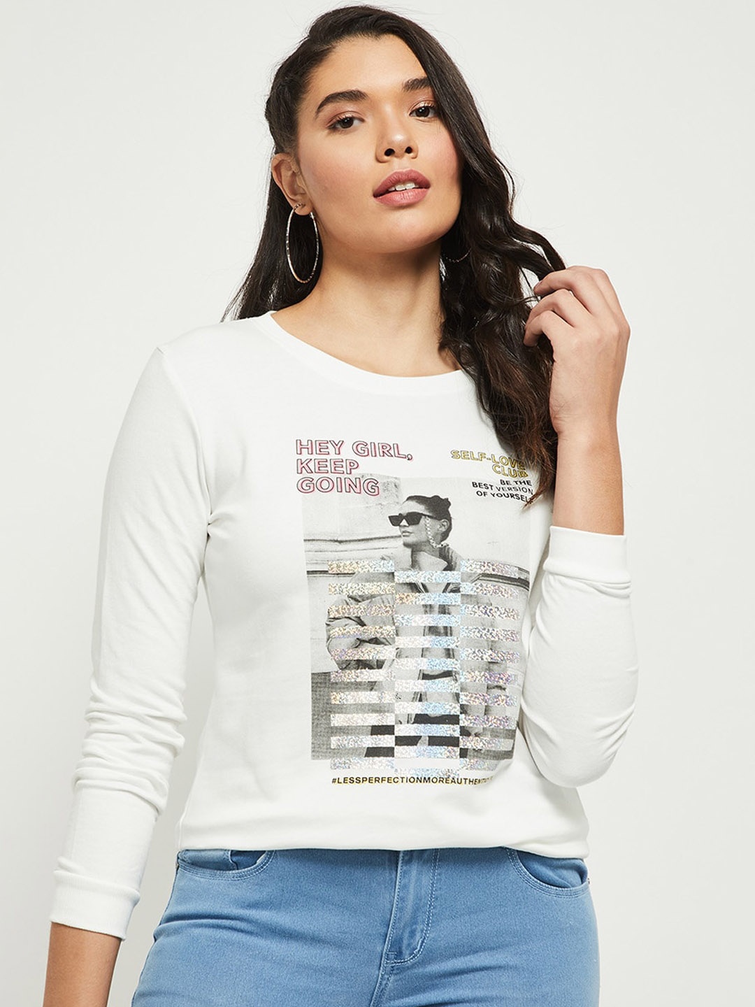 

max Women Cream & Grey Graphic Printed Pullover Sweatshirt
