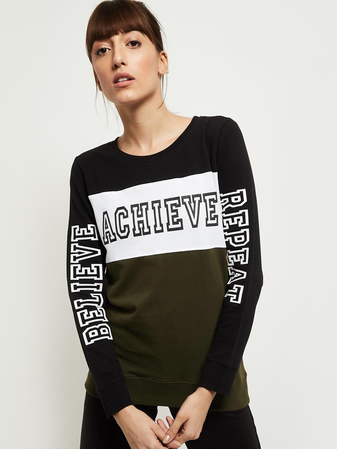 

max Women Olive Green & White Printed Pure Cotton Sweatshirt