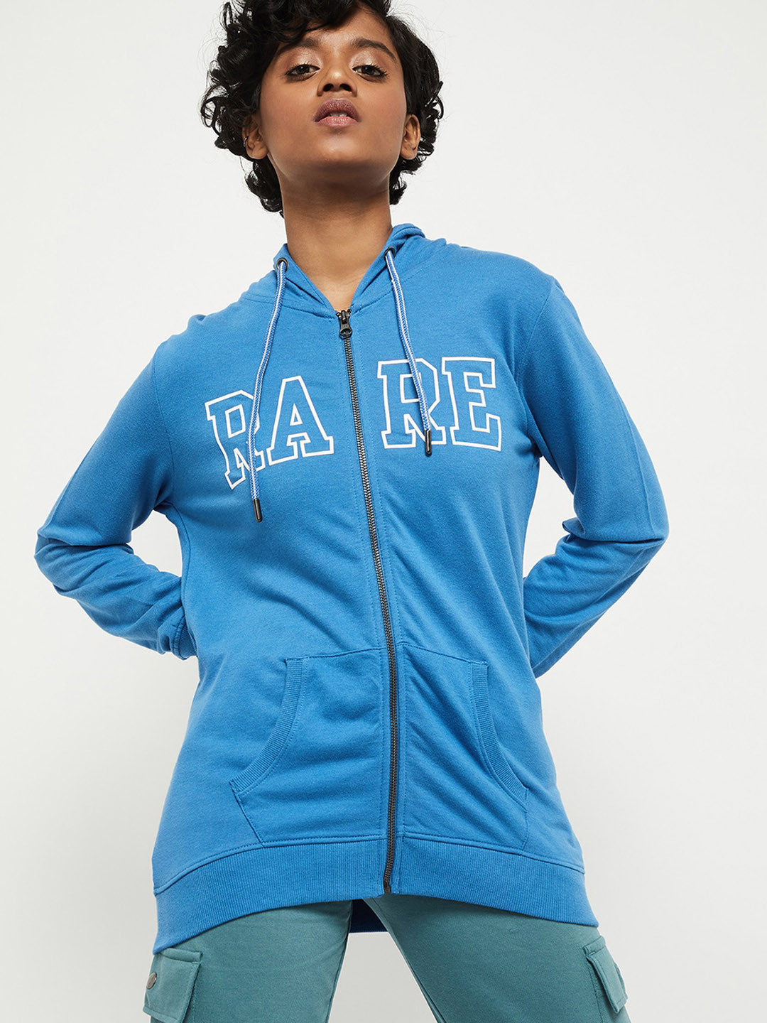 

max Women Blue Printed Hooded Sweatshirt