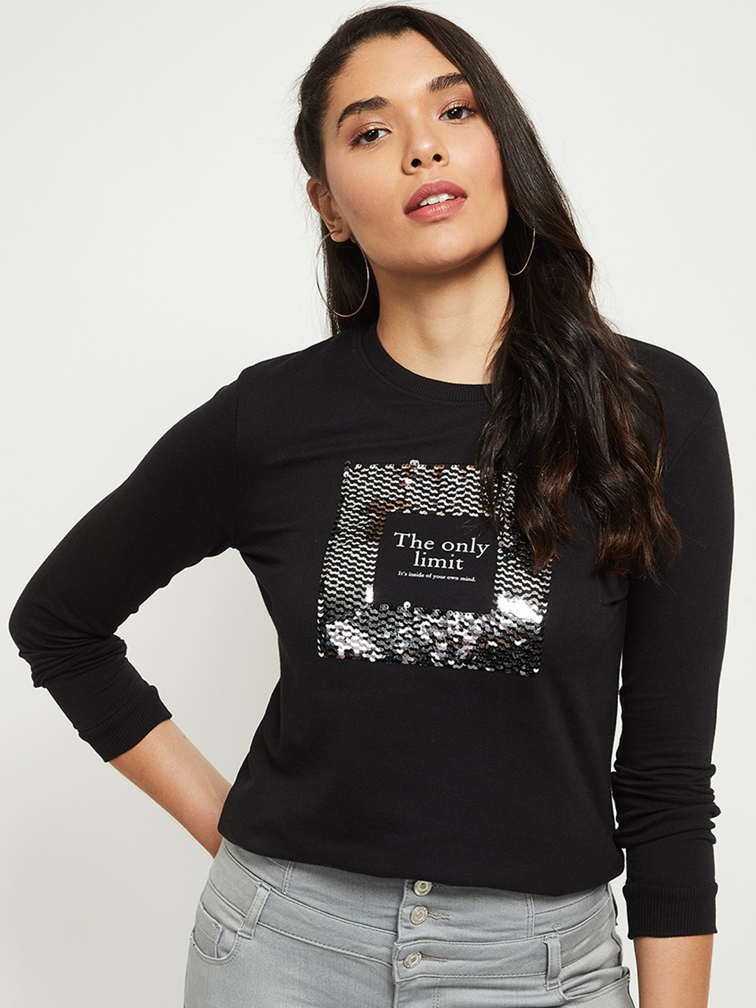 

max Women Black & Silver Printed Pullover Sweatshirt With Embellishments