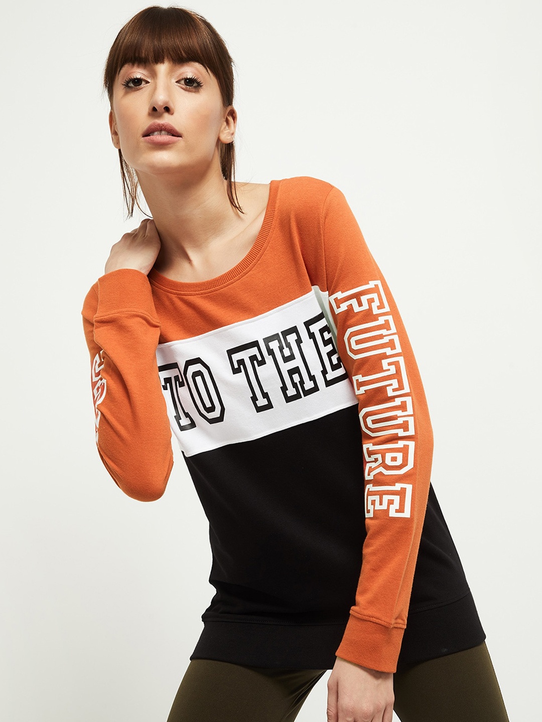 

max Women Brown & Black Typography Printed Pure Cotton Sweatshirt