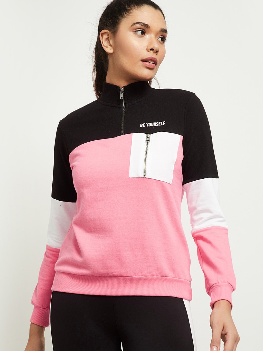 

max Women Pink & Black Colourblocked Sweatshirt With Zip Detail