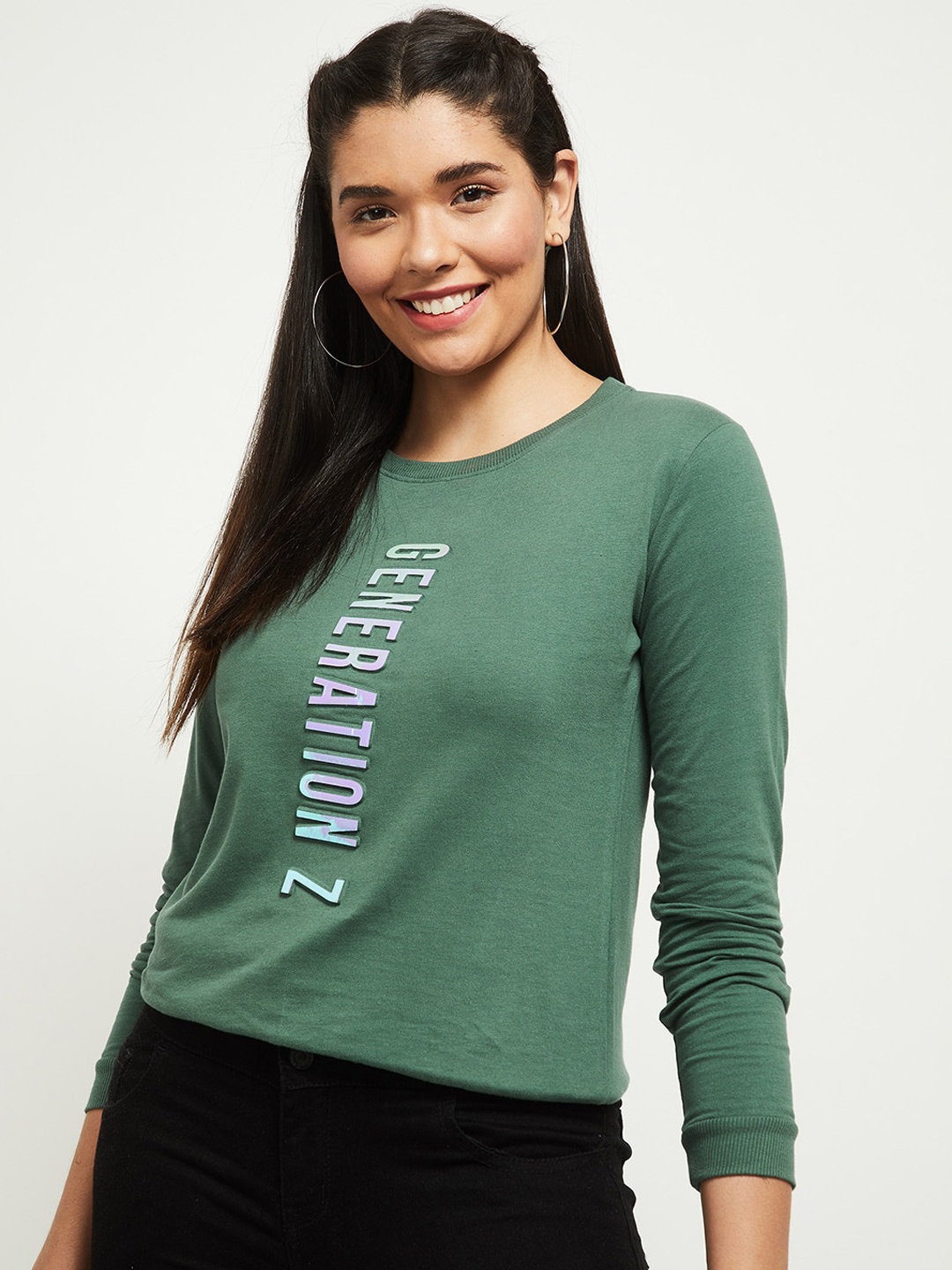 

max Women Green Typography Printed Sweatshirt