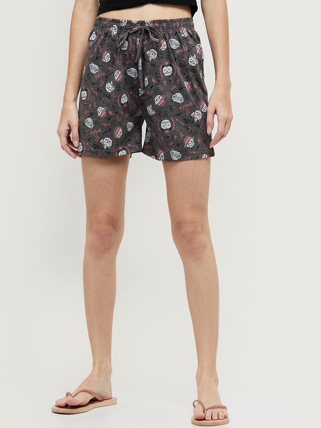

max Women Grey Melange Pure Cotton Conversation Printed Regular Shorts