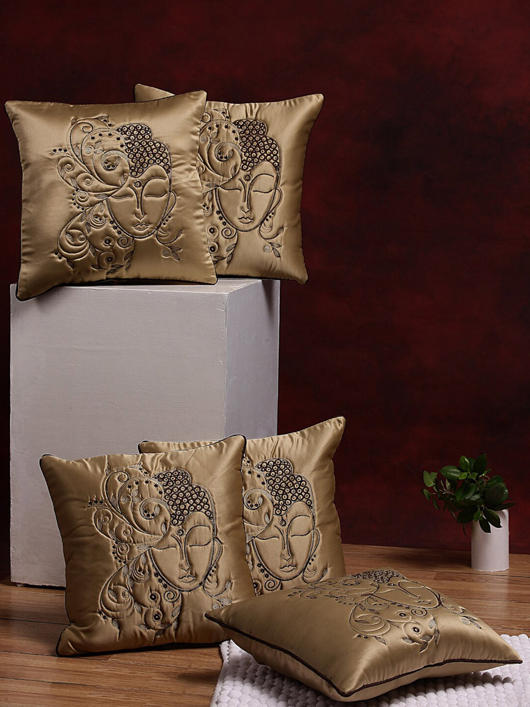 

DREAM WEAVERZ Set of 5 Coffee Brown Embroidered Satin Square Cushion Covers