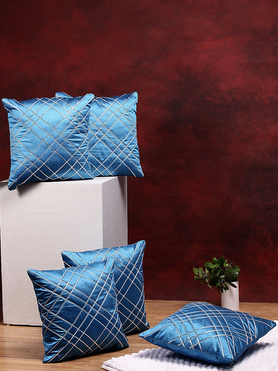 

DREAM WEAVERZ Turquoise Blue White Set of 5 Embroidered Square Cushion Covers