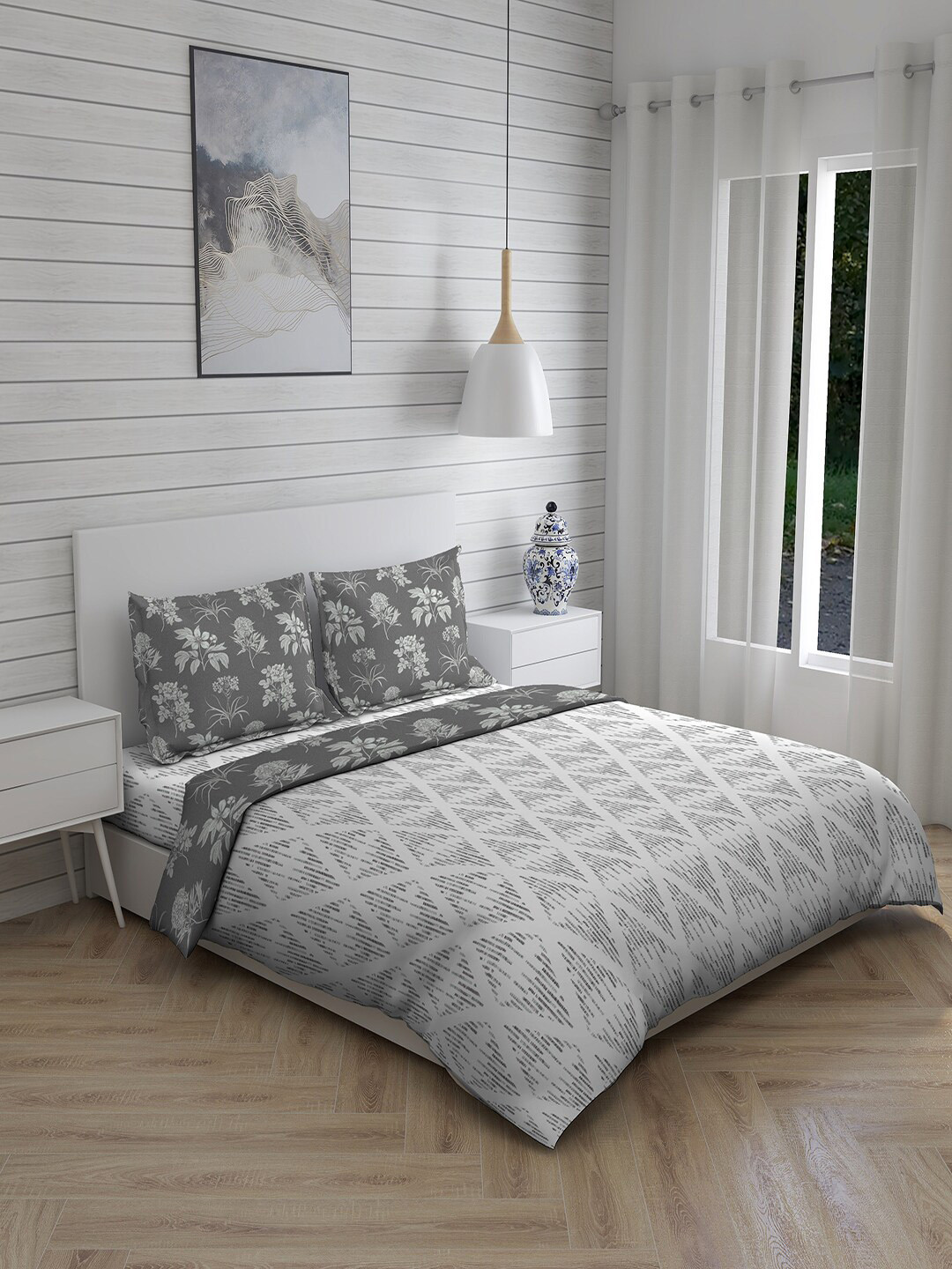 

Layers Unisex Grey & White Geometric Printed Pure Cotton 146 TC Double King 4-Piece Bedding Set
