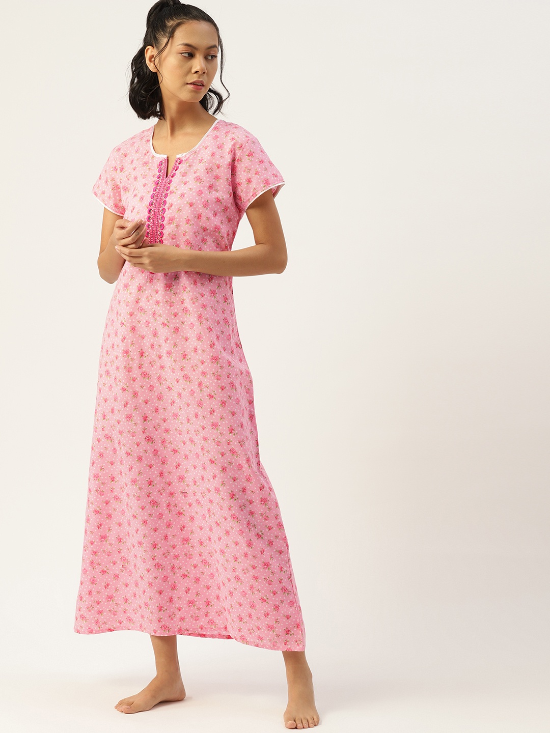 

ETC Women Pink & Green Floral Printed Maxi Nightdress