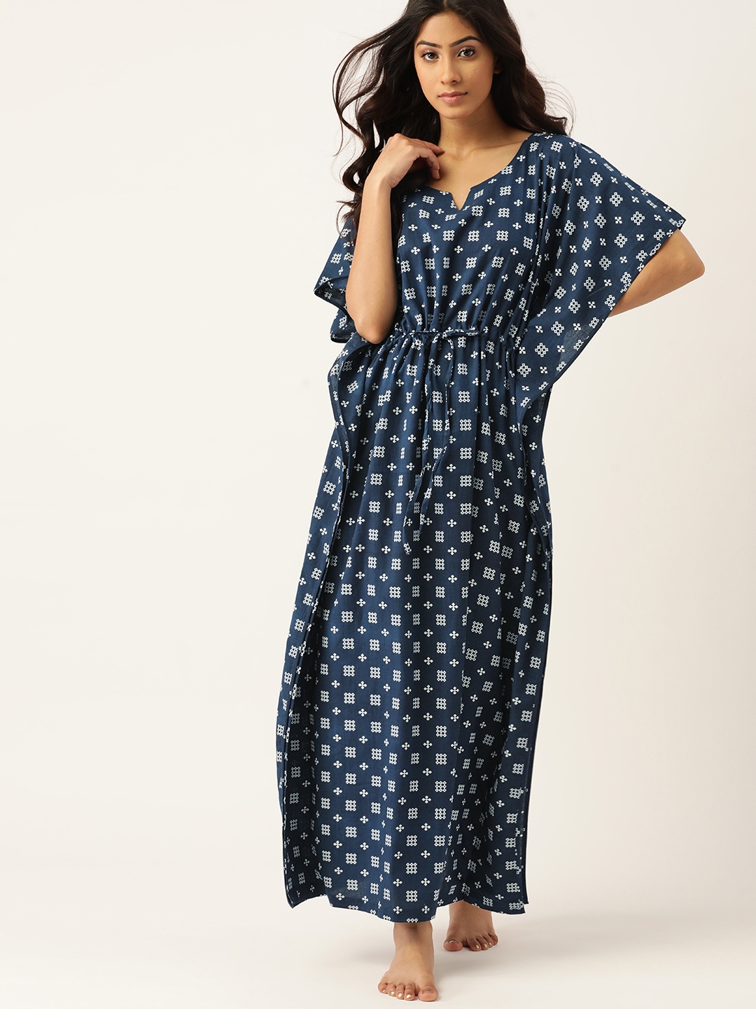 

ETC Navy Blue & White Pure Cotton Printed Maxi Nightdress