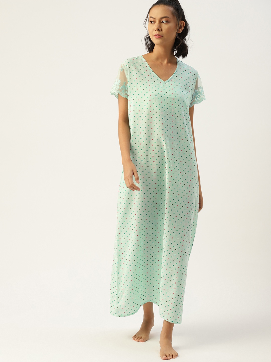 

ETC Women Green & Red Polka Dots Printed Maxi Nightdress