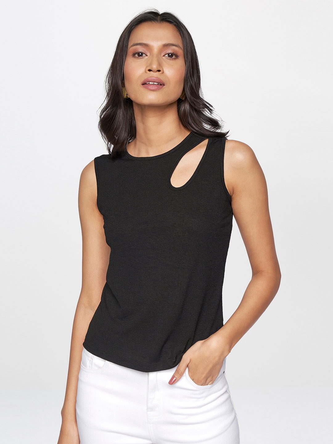 

AND Women Black Solid Sleevless Top With Cut-Outs