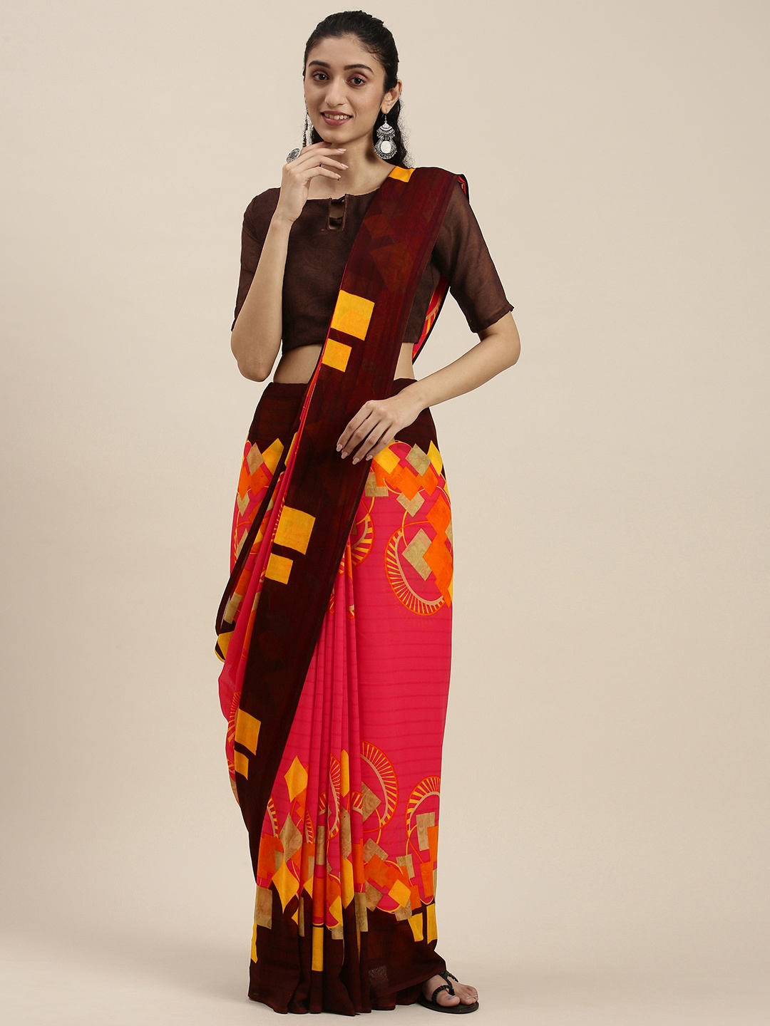 

KALINI Brown & Pink Colourblocked Half and Half Saree