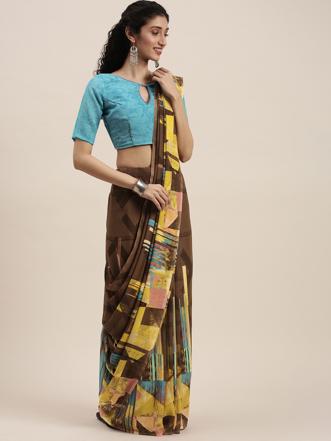 

KALINI Brown & Yellow Printed Saree