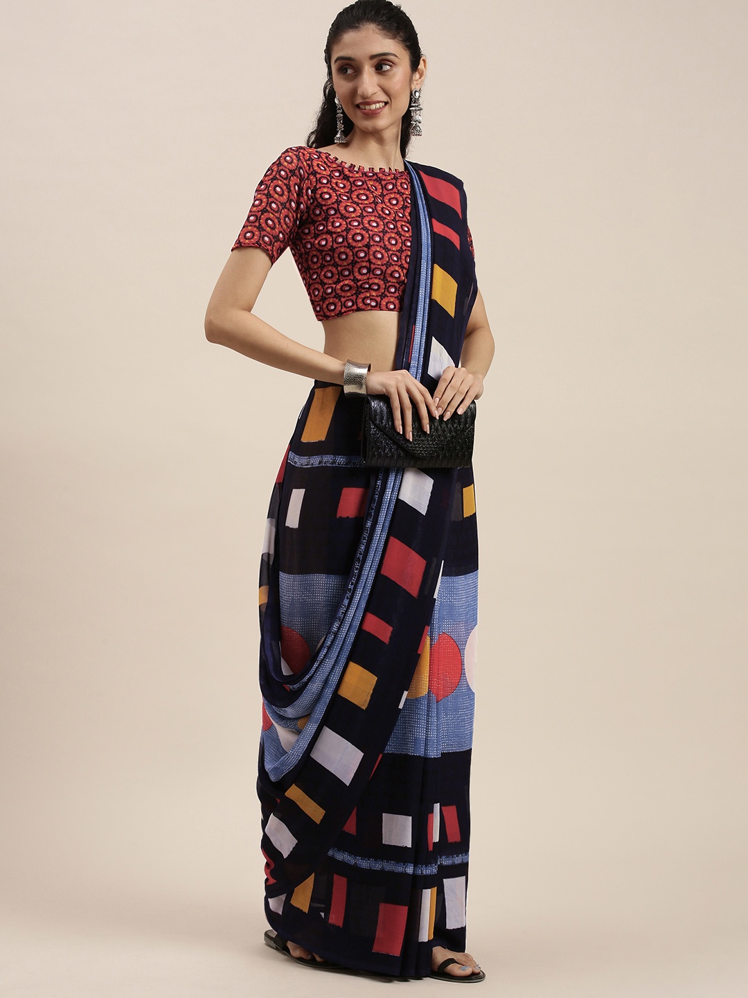 

KALINI Navy Blue Printed Saree