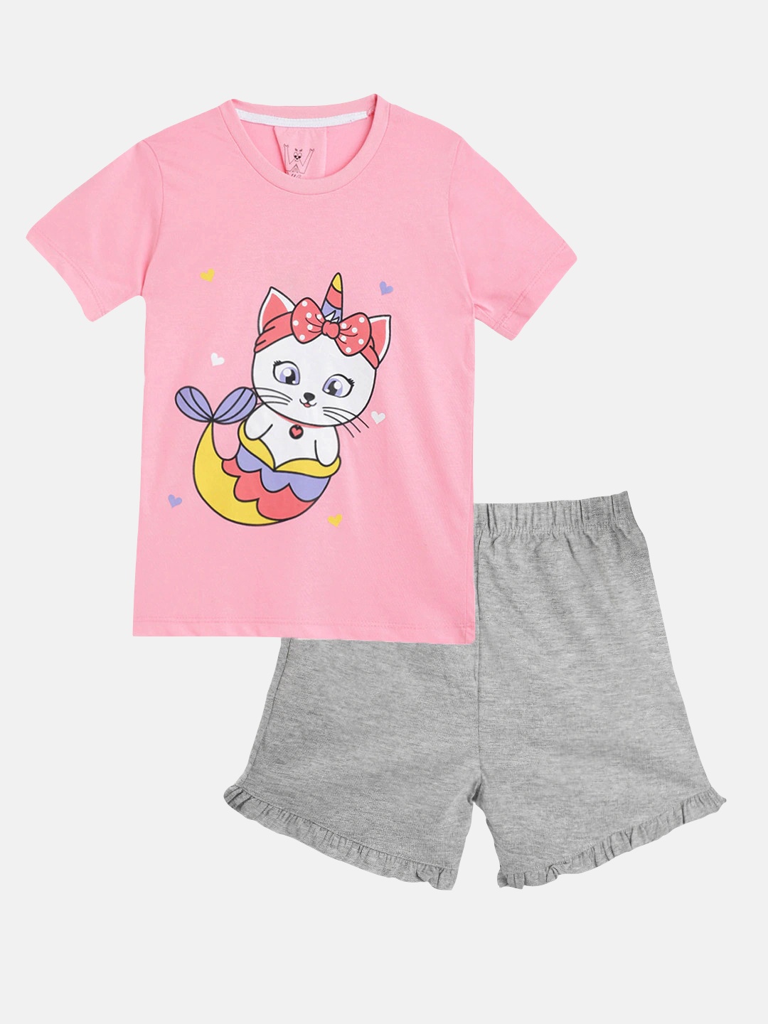 

Wyld Sprog Girls Pink & Grey Melange MeowCorn Printed Cotton T-shirt with Shorts