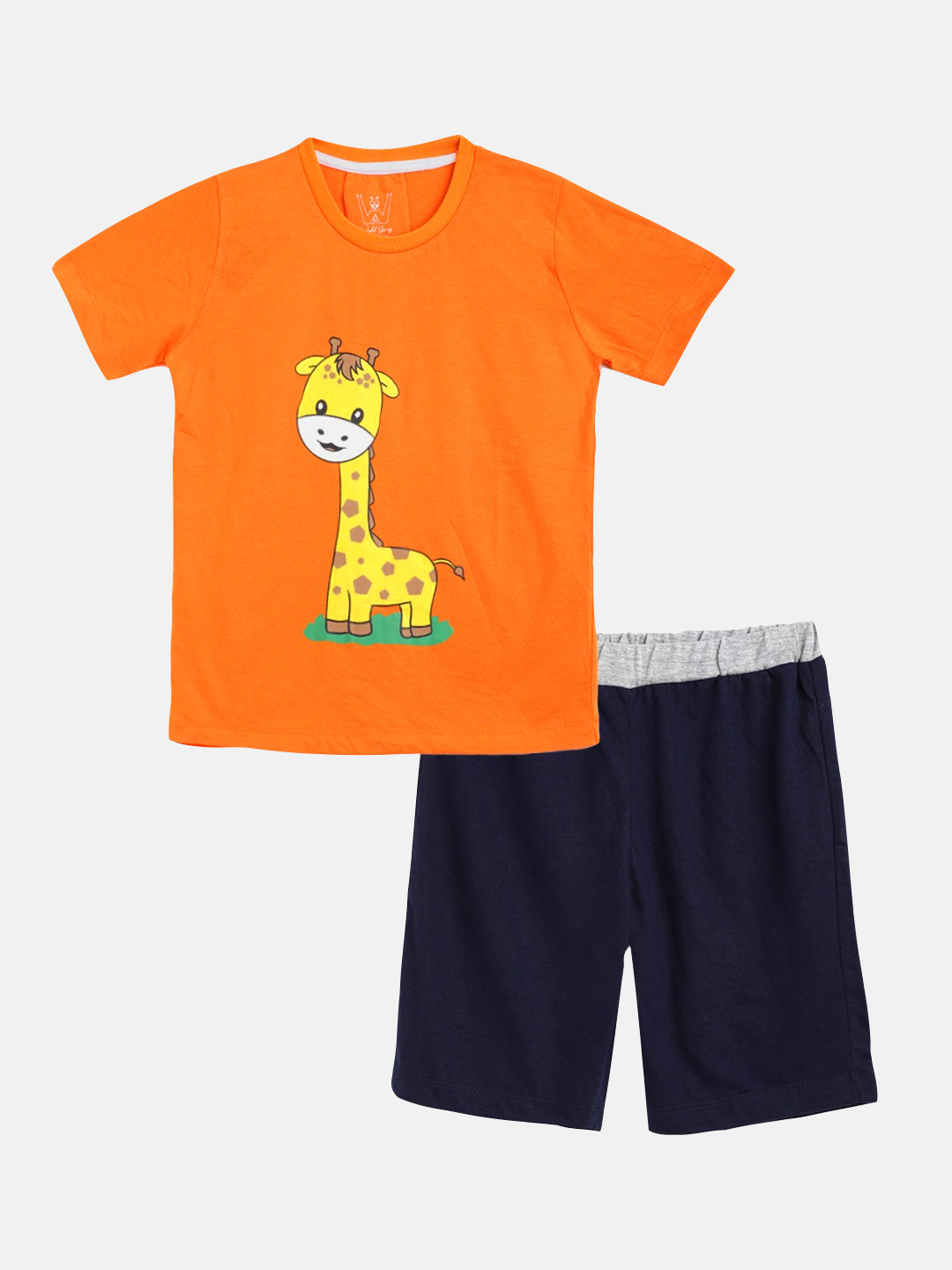 

Wyld Sprog Boys Orange & Black Giraffe Printed Cotton T-shirt with Shorts