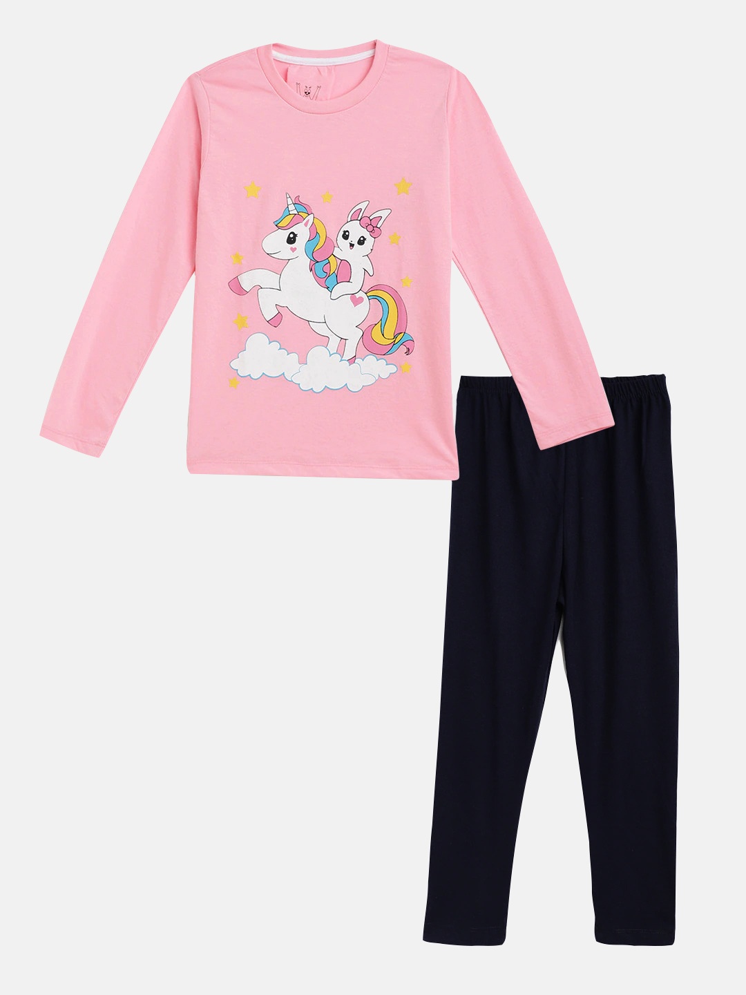 

Wyld Sprog Girls Pink & Black Unicorn Printed Cotton Night suit