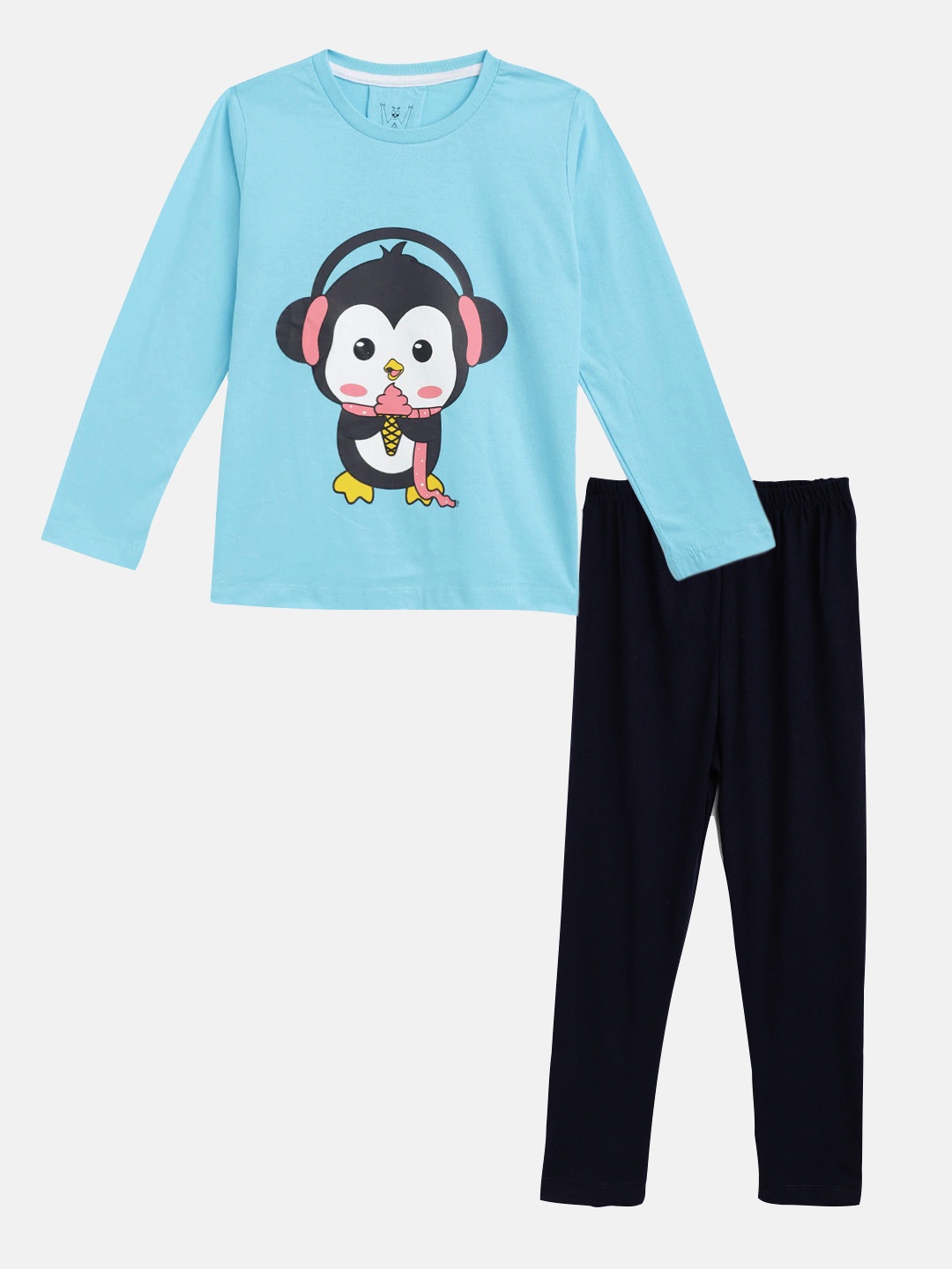 

Wyld Sprog Girls Blue & Black Penguin Printed Cotton Night suit