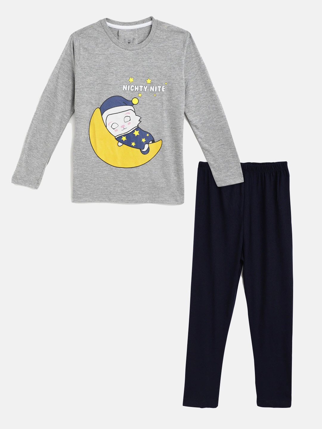 Wyld Sprog Girls Grey & Black Sleeping Kitty Printed Cotton Night suit
