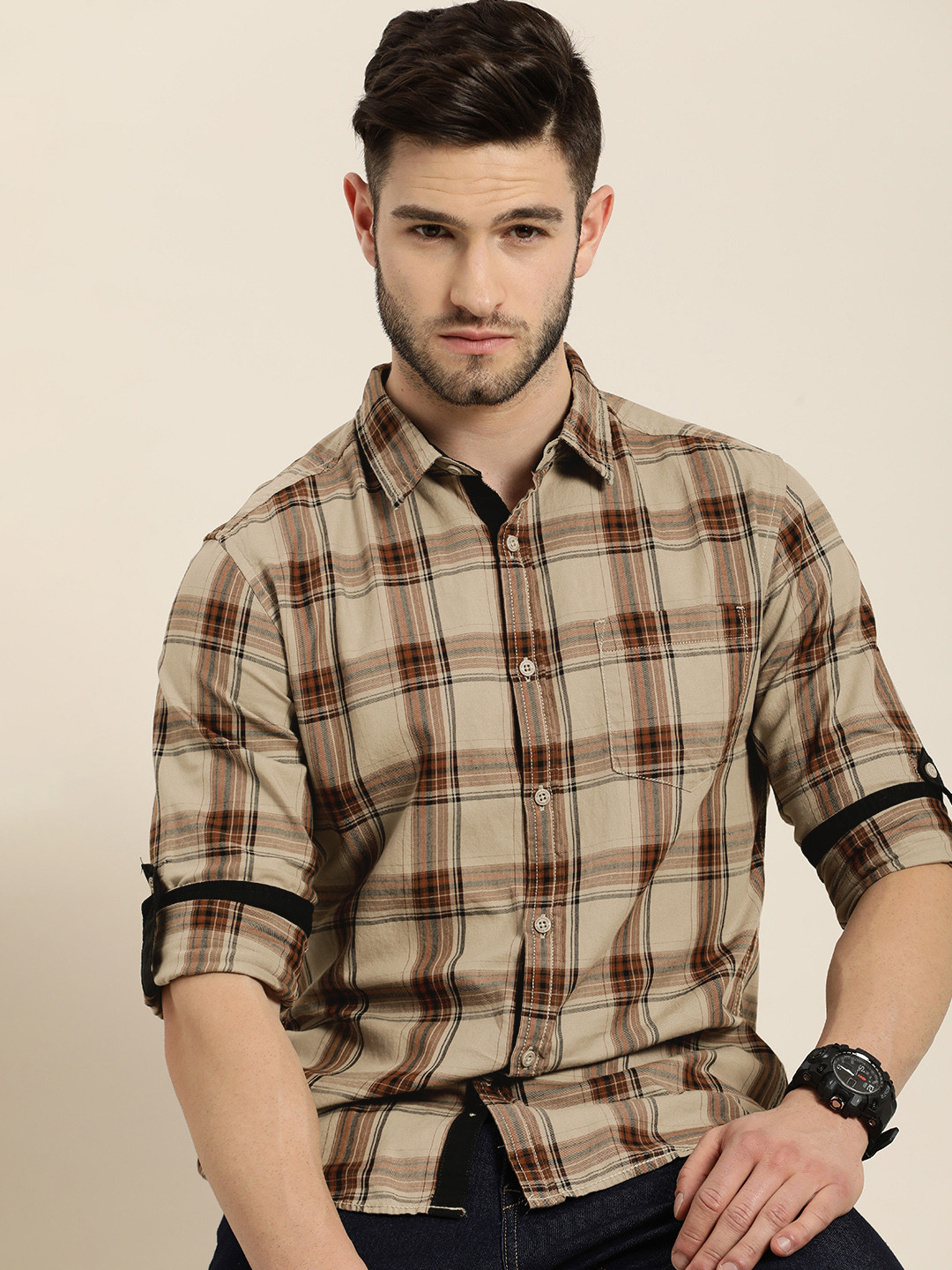 

Moda Rapido Men Khaki Slim Fit Windowpane Checked Opaque Pure Cotton Casual Shirt