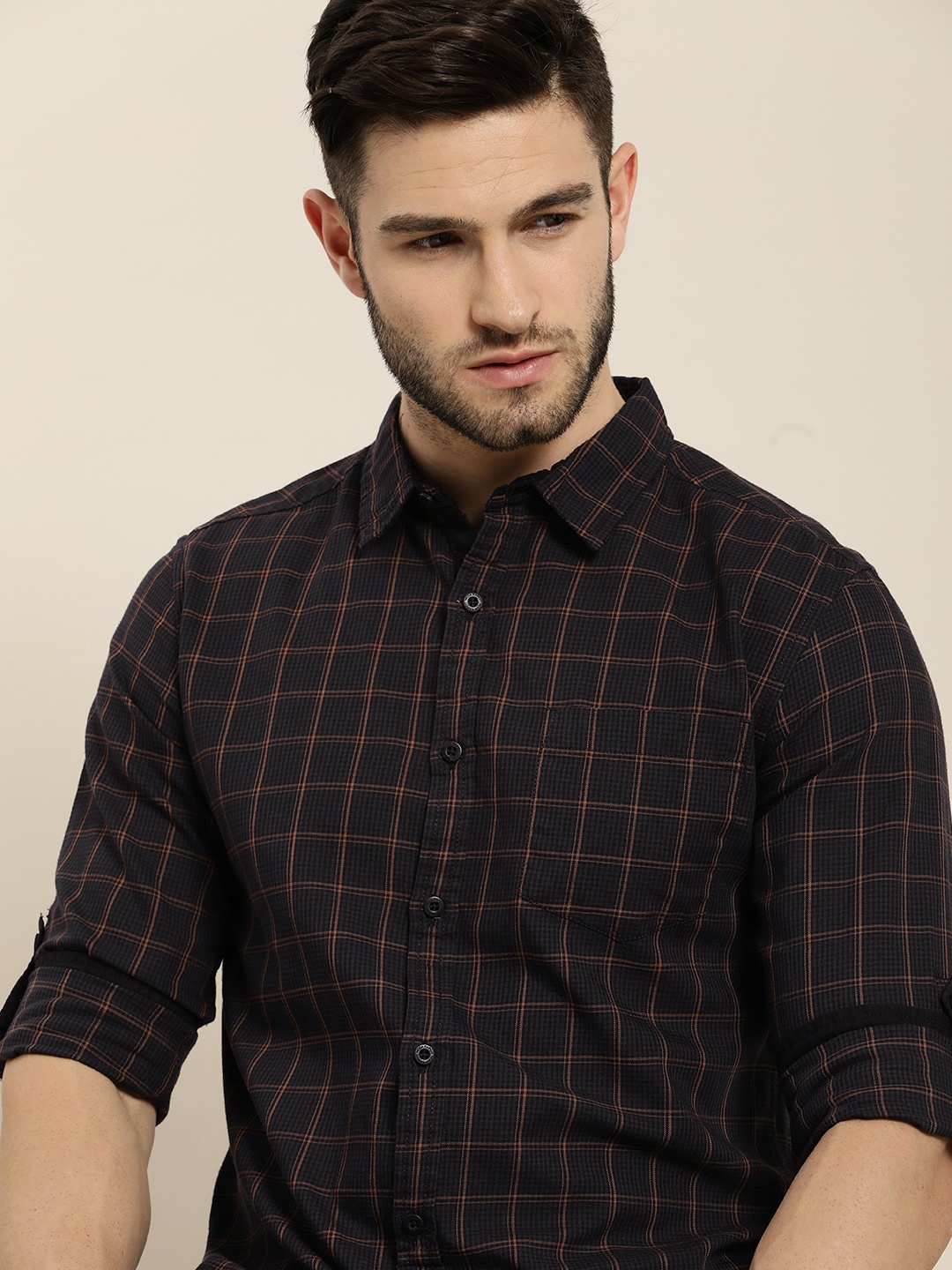 

Moda Rapido Men Khaki Slim Fit Windowpane Checked Opaque Pure Cotton Casual Shirt