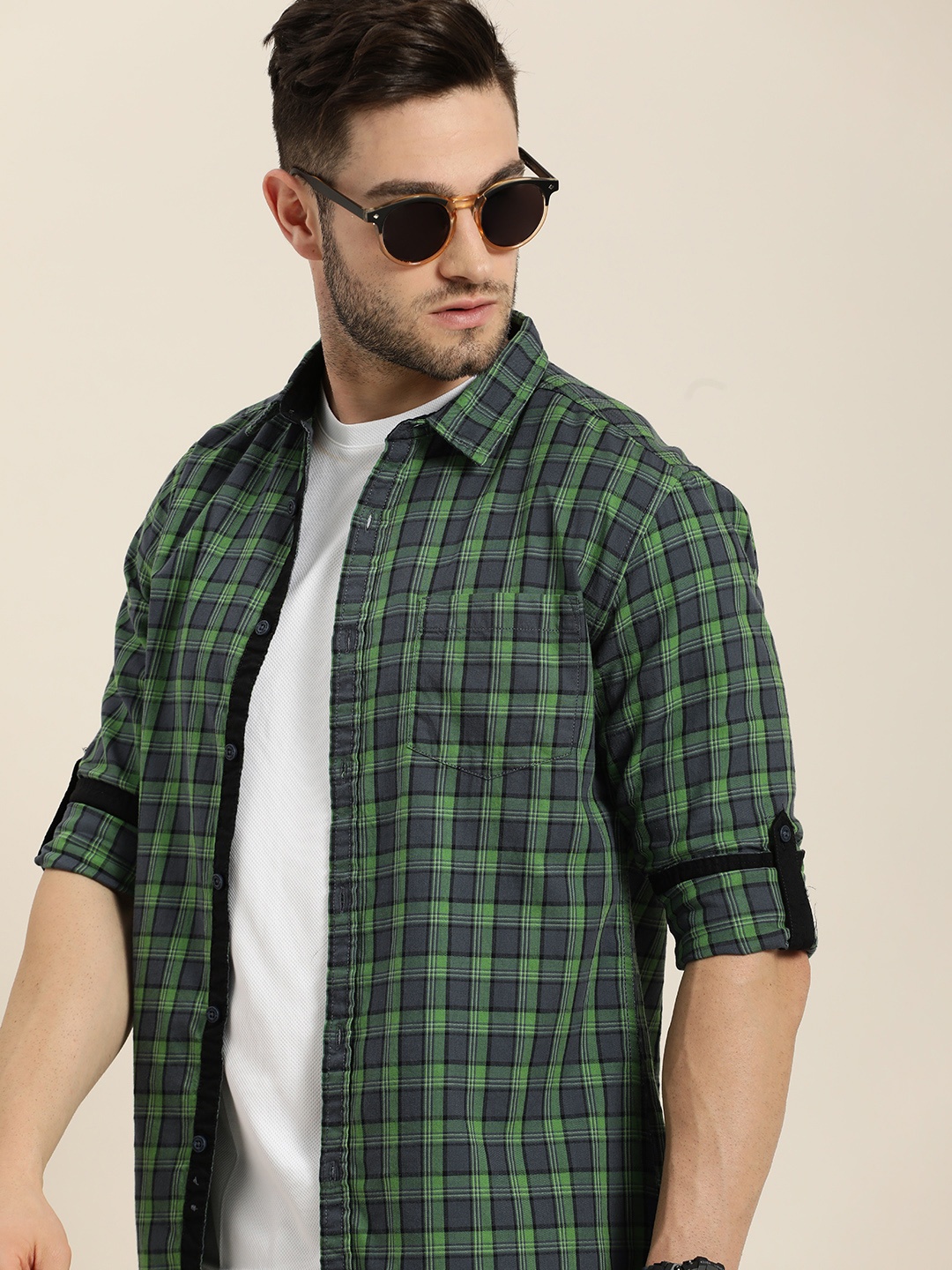 

Moda Rapido Men Fluorescent Green Slim Fit Windowpane Checked Opaque Casual Shirt