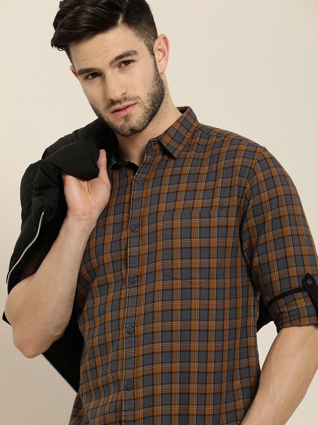 

Moda Rapido Men Mustard Slim Fit Windowpane Checked Opaque Pure Cotton Casual Shirt